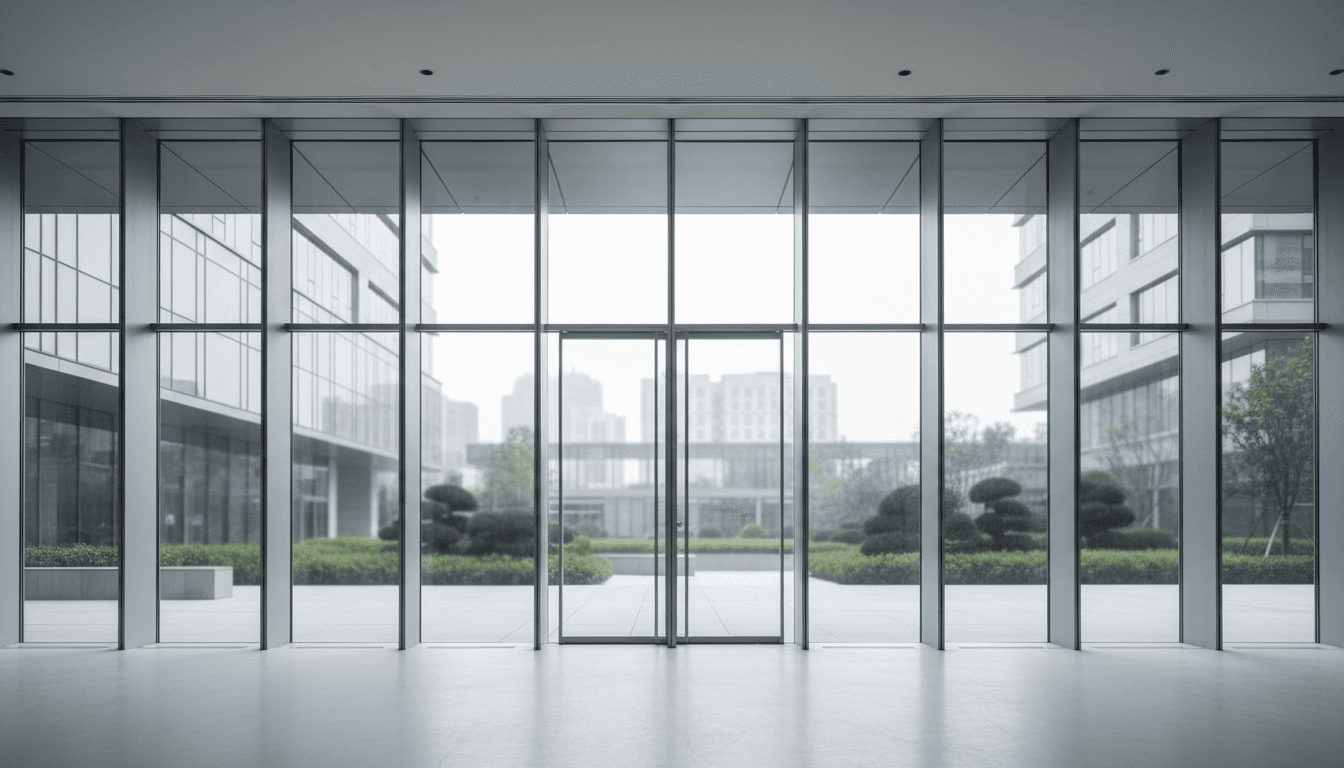 Custom glass entrance doors installed at commercial retail location