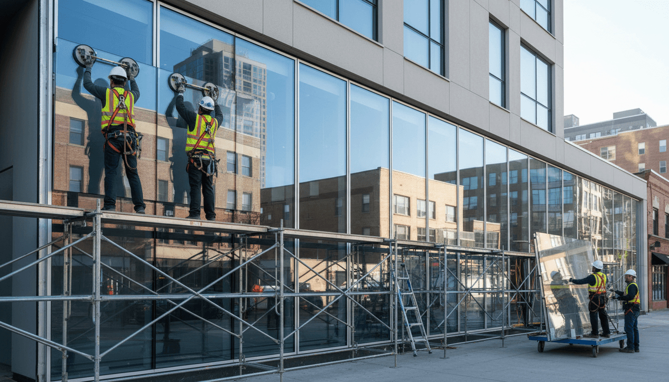 Coria Glass technician installing custom storefront glass in Houston commercial space