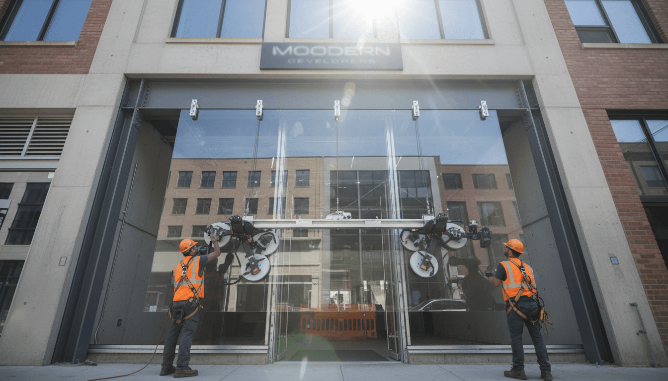 Professional glass installer working on custom glass door installation in commercial storefront